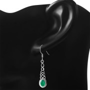 Green Agate Celtic Silver Long Drop Dangle Hook Earrings - e311